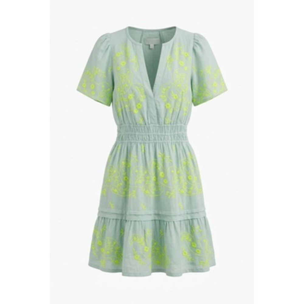 Anthropologie Dress Womens L Green Embroidered Linen Tiered Mini V Neck Boho